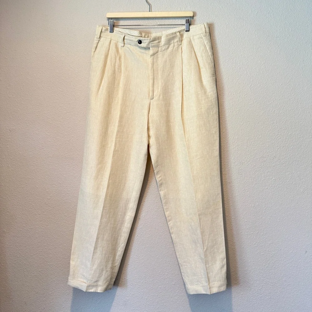 Luigi Baldo Mens 38x32 Tollegno 1900 Pure Linen Pleated Trousers Cream Italy